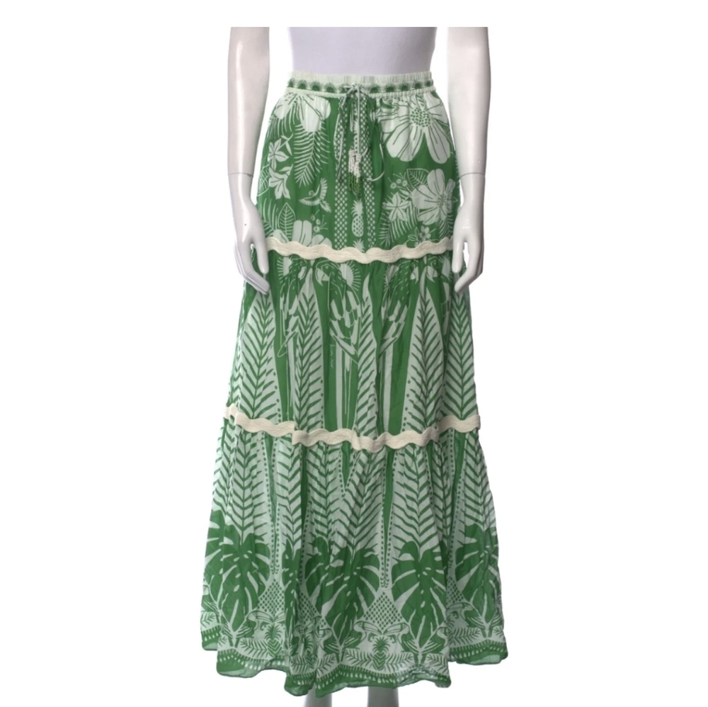 FARM Rio Green and Cream Tropical Maxi Skirt